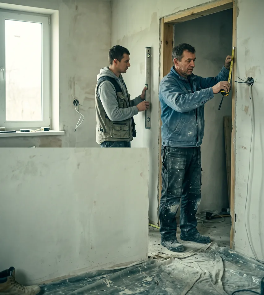 Dwóch budowlańców mierzy otwór drzwiowy w remontowanym pomieszczeniu