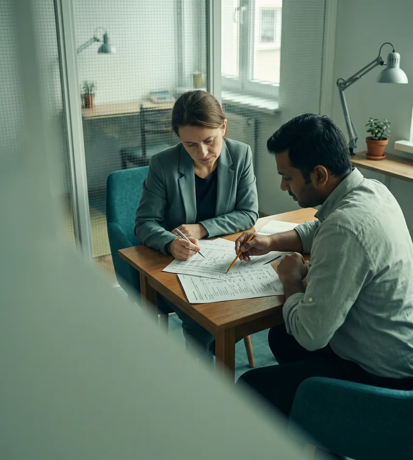 Dwie osoby przeglądają wydrukowane dokumenty przy stole