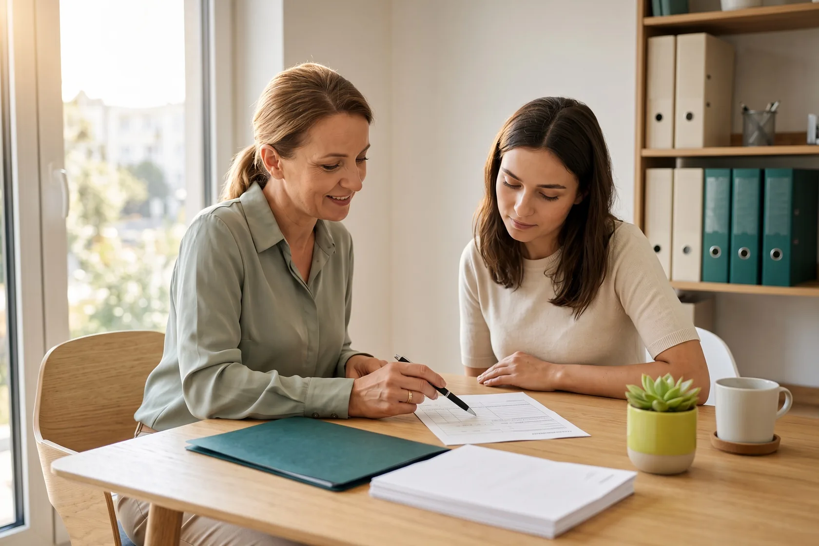 Dwie kobiety wypełniają formularz przy stole w biurze